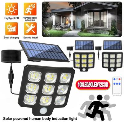 3 režimy Solární nástěnné světlo LED nástěnné světlo Vodotěsné Napájené slunečním světlem Solární senzor pohybu Floodlight Venkovní lampa na dvůr a zahradu 108 LED / 90 LED / 72 COB