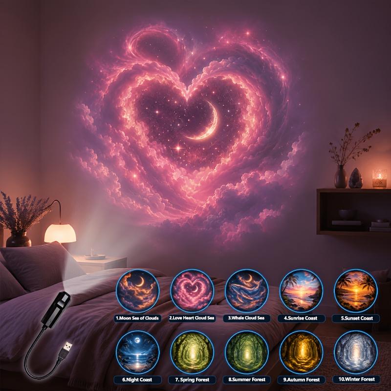 Usb Healing Landscape Projector Light 10 Patterns Flexible Rotation Moon Cloud Sea Forest Coast Projection Lamp For Bedroom