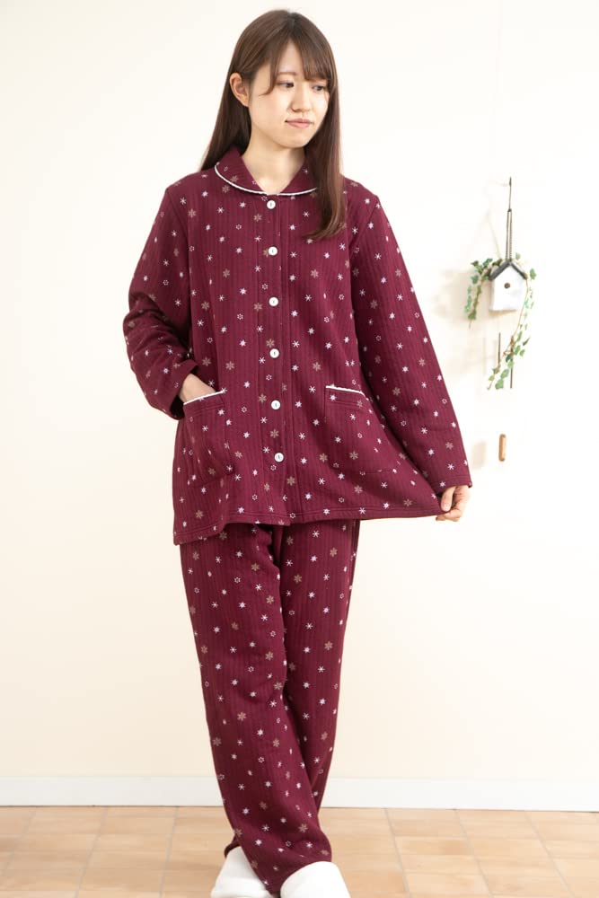 Cotton Knitted Crystal Long Room Winter Product 40010 [K's Eye] Skin-friendly 100% Padding, Quilt, Pattern, Open-front Pajamas, Women's, Sleeves,
