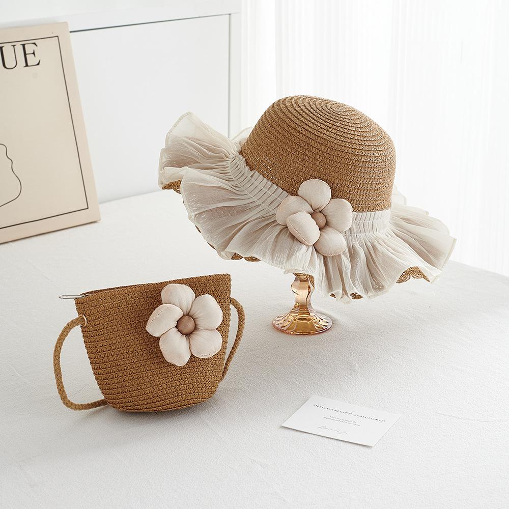 Girl Summer Straw Sun Hat And Bag 2pcs/set Breathable Wide Brim Beach Cap Children Girls Bucket Hat for Sun Protection