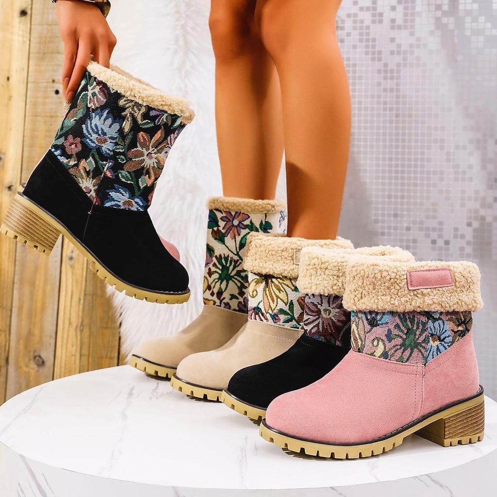Bottes de Neige en Daim Floral Grande Taille pour Femmes Décontractées Mi-Mollet Imperméables à Plateforme Talon Épais Fourrure Polaire Antidérapantes Coton Chaussures Bottes 35-43