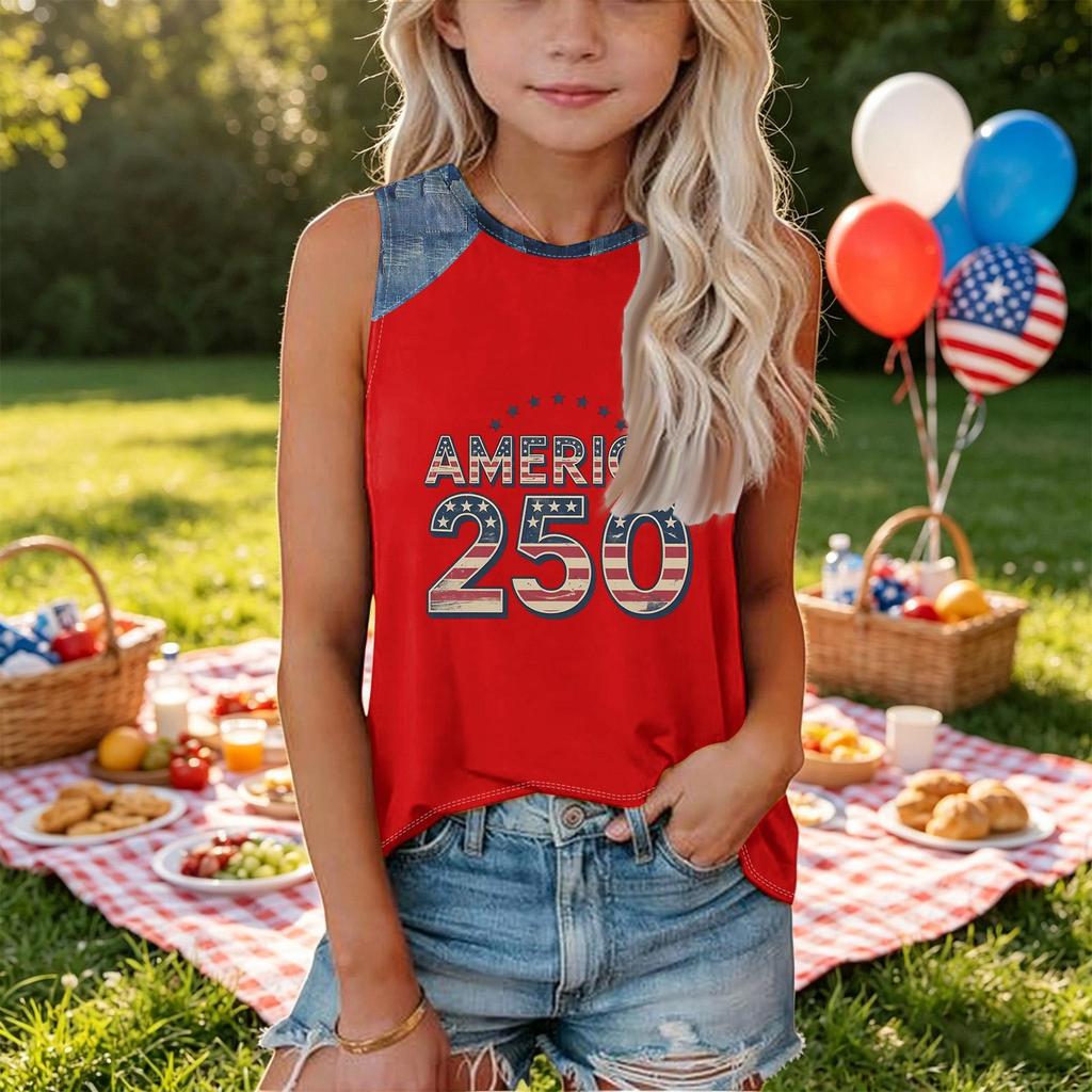 Girls Sleeveless Loose Fit Tank Top Independence Day Print Denim Patchwork Round Neck T Shirt Summer Casual Tee