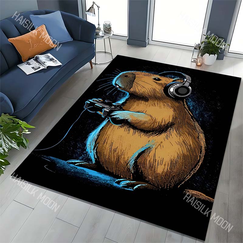 1PC Capybara gaming with headphones Carpet for Living Room Bedroom Sofa Home Decor Rus Non-slip Floor Mat Luxury Gift