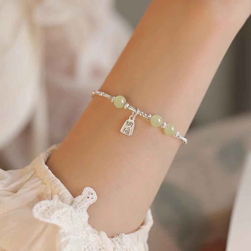 2024 Silver Bamboo Hetian Jade Beaded Bracelet - New Chinese Style Luxury