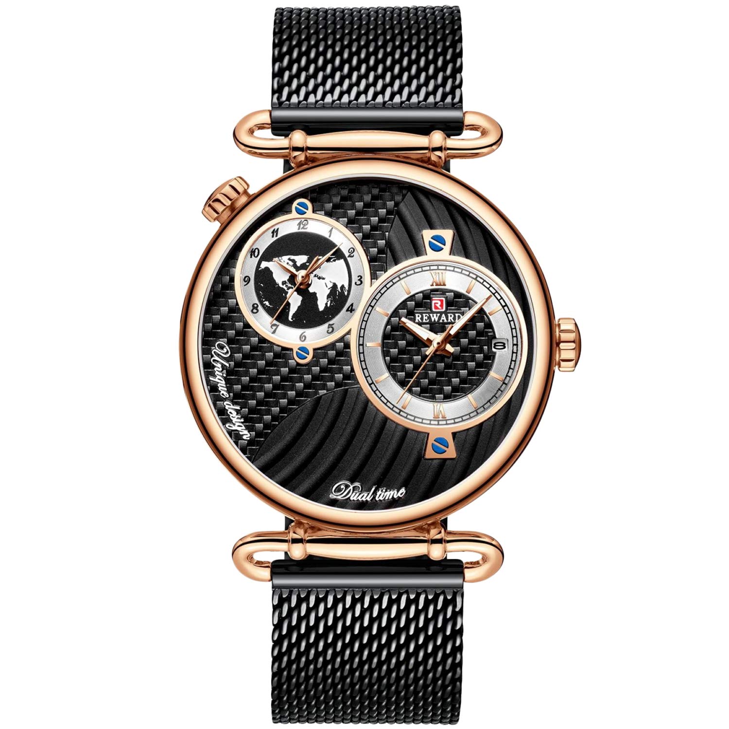 

RORIOS Японские кварцевые часы с сетчатым аналоговым стильным спортивным идеальным черным мужским браслетом, многострелочный дисплей, часы, водонепроницаемые, подарок,