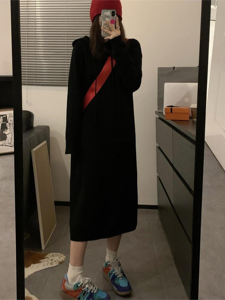 

Oversized Knit Dress for Women, Long Sleeve Lazy Style Winter Fall Coat One Size чорний
