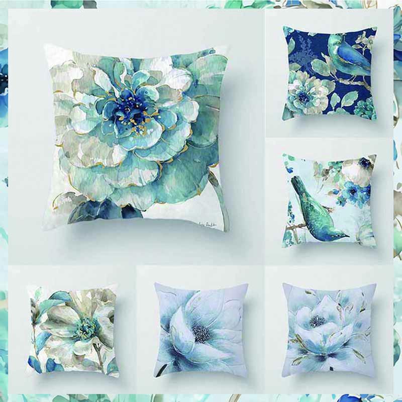 Car Sofa Cushion Pillow Cover Square Blue Flower Print Decorative Household Seat