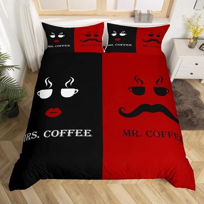 Funda Nórdica Rey Reina Día de San Valentín Mr & Mrs Juego de Ropa de Cama para Parejas Rojo Negro Funda de Colcha Labios Rojos Funda de Edredón de Microfibra