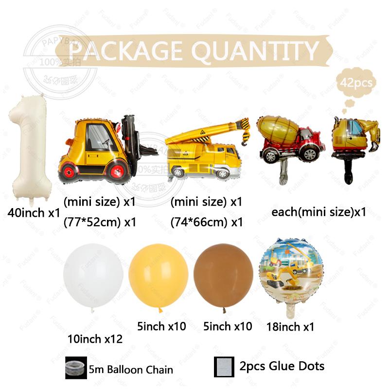 42pcs Cartoon Engineering Car Balloon Cream White Number Birthday Balloon Set Architecture Theme Party Decoration Festive Ballon