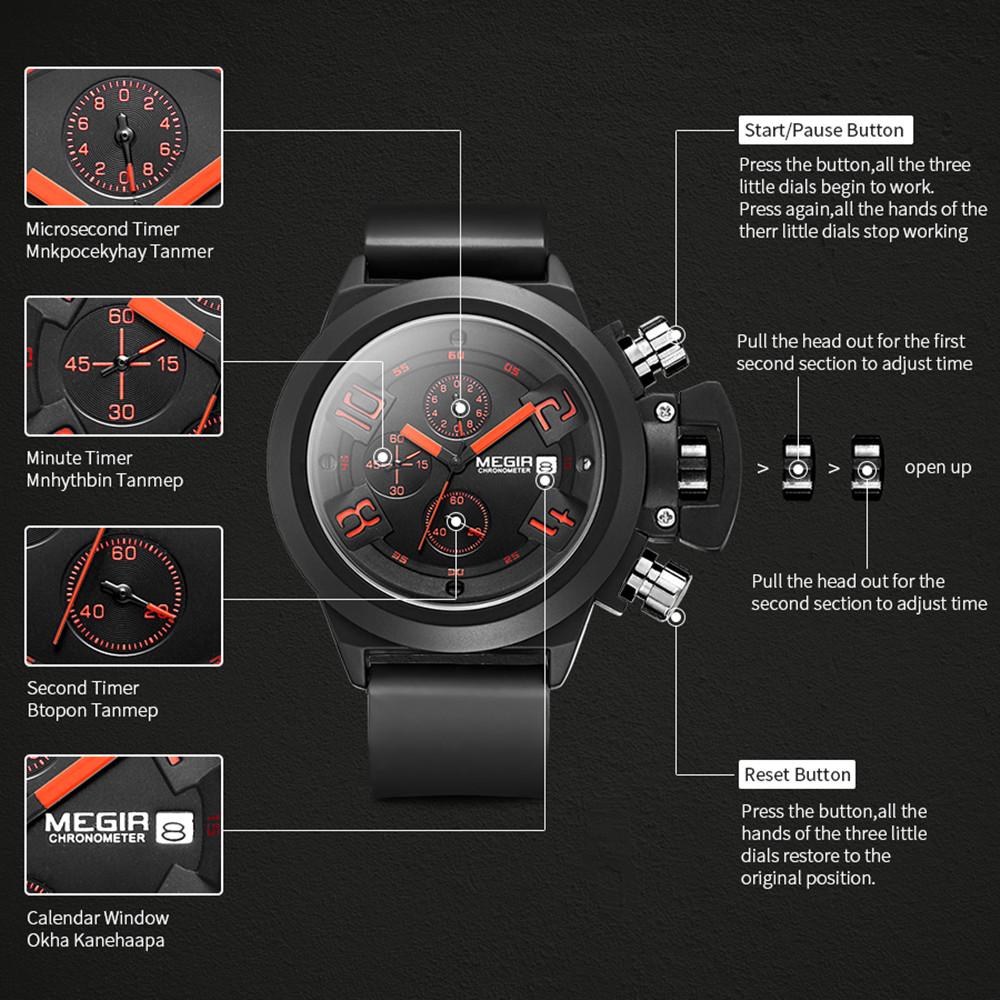 MEGIR Men Watches Luxury Sport Chronograph Waterproof Date Fashion Quartz Wristwatch Big Dial Silicone Strap Clock Relogio Masculino 2002