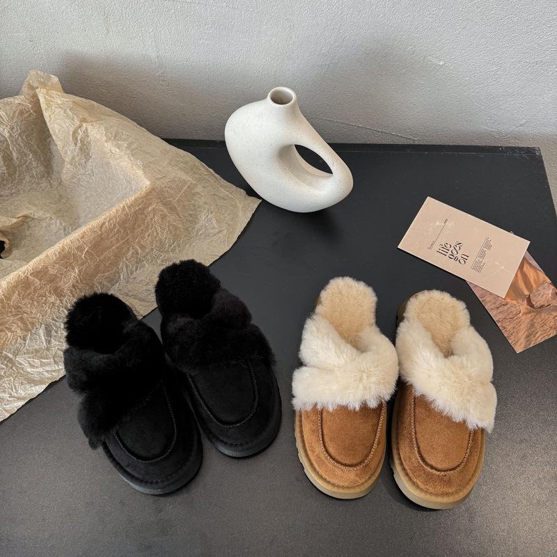 Cowhide version of fluffy slippers for women's outer wear, advanced feeling, comfortable, simple and lightweight, casual, plush bag head drag, winter 