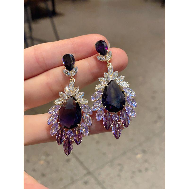 Fashion Fashion Zircon Gradient Purple Droplet Earrings Catwalk Dress Super Flash Earrings 925 Silver Needle Female Ear Rings Purple Zircon Silver Needle