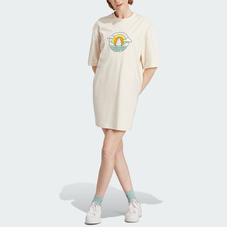 Adidas Originals Trefoil Tee Dress Cartoon Logo Print Sports Comfortable Casual Round Neck Short Sleeve Dress Women Dresses Wonder-White IN4138