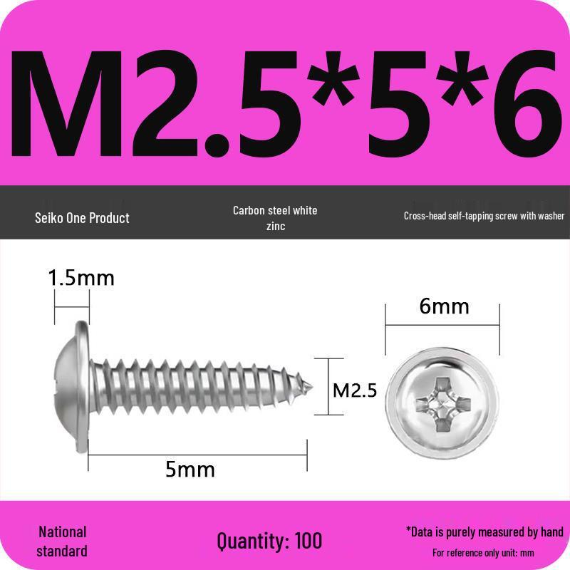 PWA Nickel-Plated Carbon Steel Self-Tapping Screws with Washer, White Zinc Cross Head, Pointed Tail, Sizes: 1.6/1.8/2/2.5