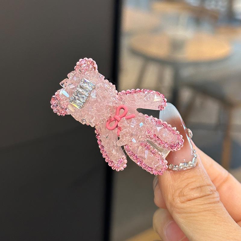 Korean Crystal Bear Hair Clip: Pink Diamond Duckbill for Women