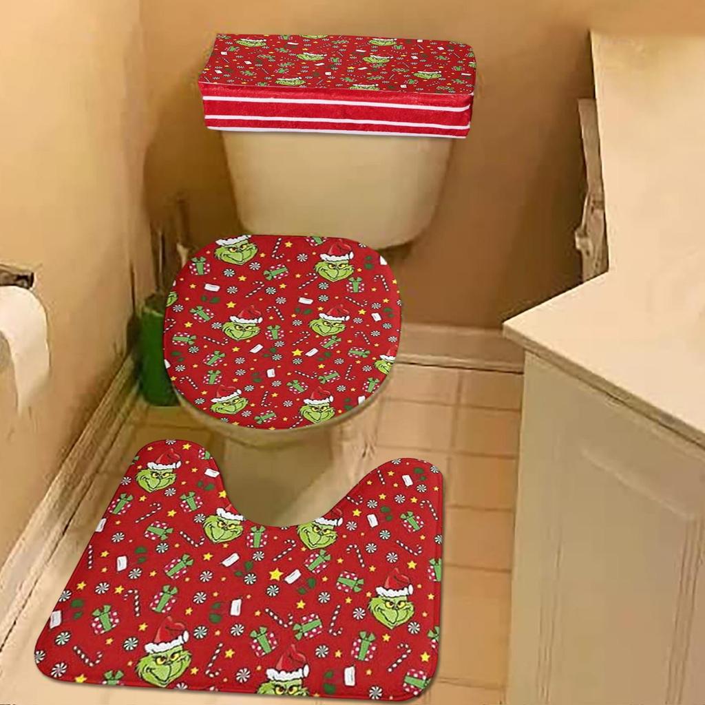 4ks Vánoční Koupelnový podstavec Koberec Víko WC Kryt Vana Koberec Sprcha Koupelnový Protiskluzový Koberec