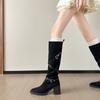 Cowhide Version Retro Pointed Thick Heel Boots Women's Cross Buckle High Heel Boots Slim Tall Thick-soled Knight Boots