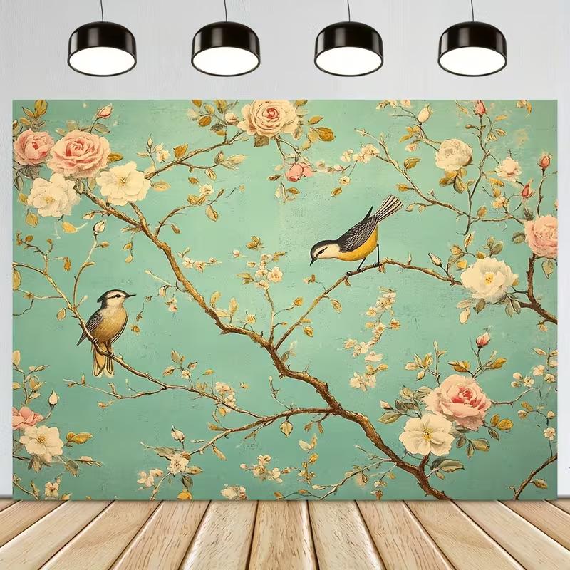 2D Teal Floral Bird Backdrop for Chinoiserie Themed Photoshoot
