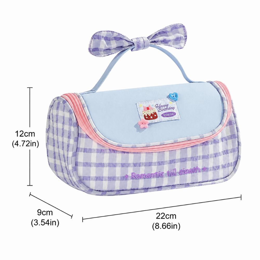 Gingham Print Stationery Bag Bow Handle Pencil Pouch Multi-Functional Pencil Case  Students