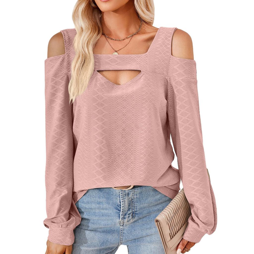 Camicetta da donna primaverile e autunnale senza spalline tinta unita comoda maglietta casual a maniche lunghe ampia