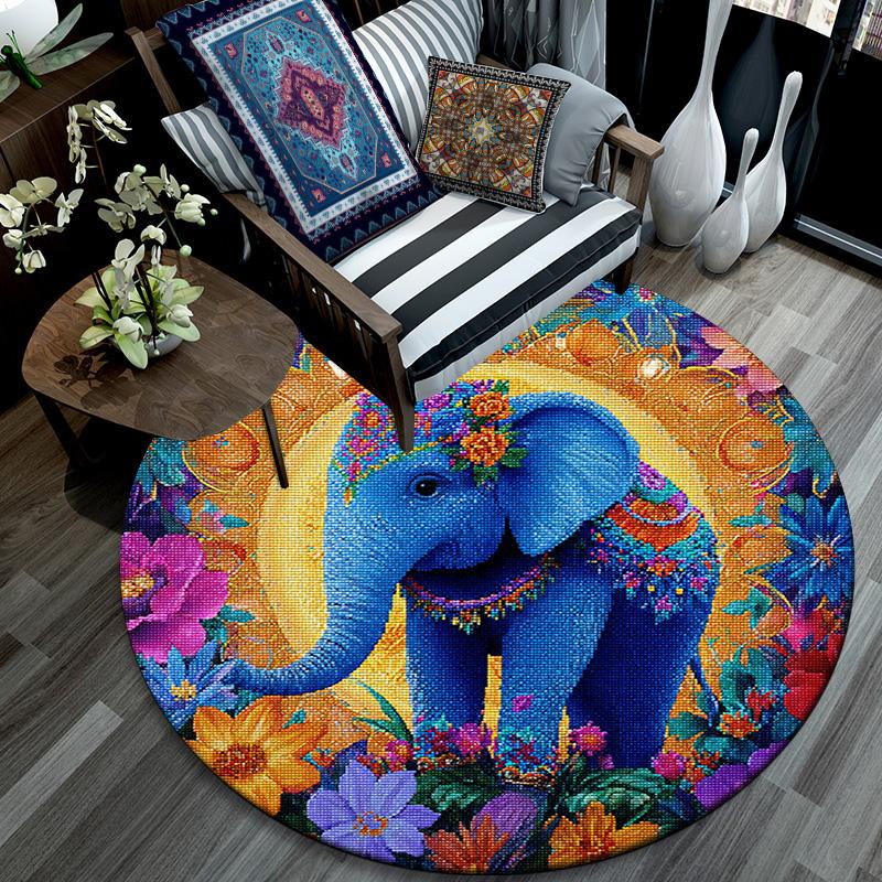 Elephant Round Area Rug,Carpet Rug for Living Room Bedroom Sofa Playroom Decor,Non-slip Floor Mat