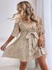 V Neck Printingt Dress Waist Hugging Dress Elegant Short Sleeve Dresses Causal Women Dress