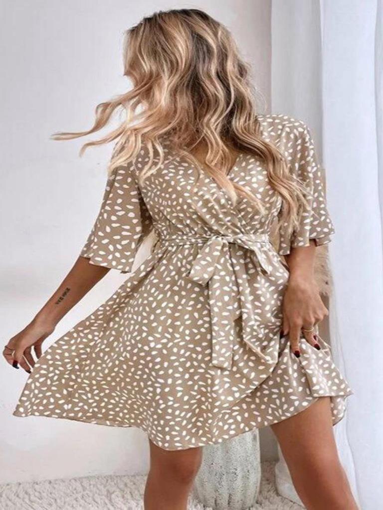 V Neck Printingt Dress Waist Hugging Dress Elegant Short Sleeve Dresses Causal Women Dress
