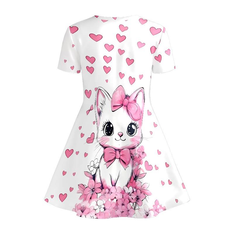 Cute Cat and Pink Heart-shaped Printed T-shirt Dress, Children's Animal Lovers Floral Casual Dress Suitable for Birthday Gifts