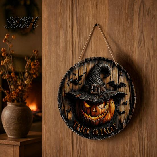 Vintage Style Holiday Sign Halloween Witch Hanging Sign, 8" Round Wooden Door Autumn Forest Porch Wall Witches Rustic for Home Front Decoration
