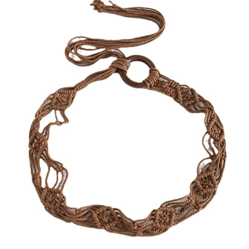 Ceinture Ethnique Bohème en Coton et Corde de Chanvre avec Fermeture Nouée Pour Tenues Rétro d'Été Plage