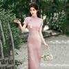 Pink Modern Chinese-Inspired Qipao Dress Women Short Sleeve Stand Collar Floral Jacquard Wearable Petite Girls