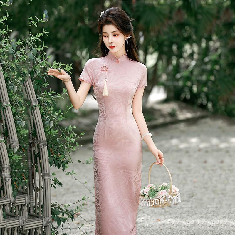 Pink Modern Chinese-Inspired Qipao Dress Women Short Sleeve Stand Collar Floral Jacquard Wearable Petite Girls