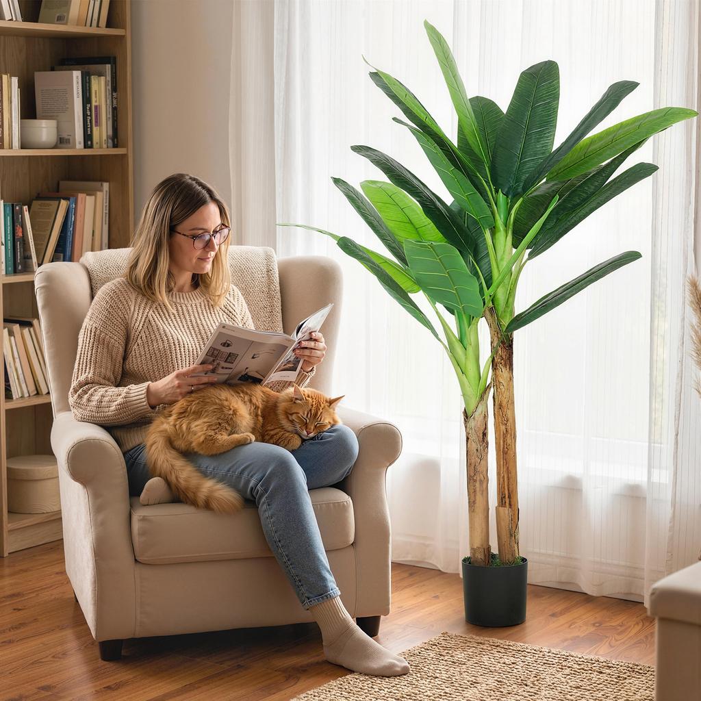 Artificial Banana Tree 150 Cm Decorative Artificial Plant With Pot And 2 Trunks For Home Office Living Room Green