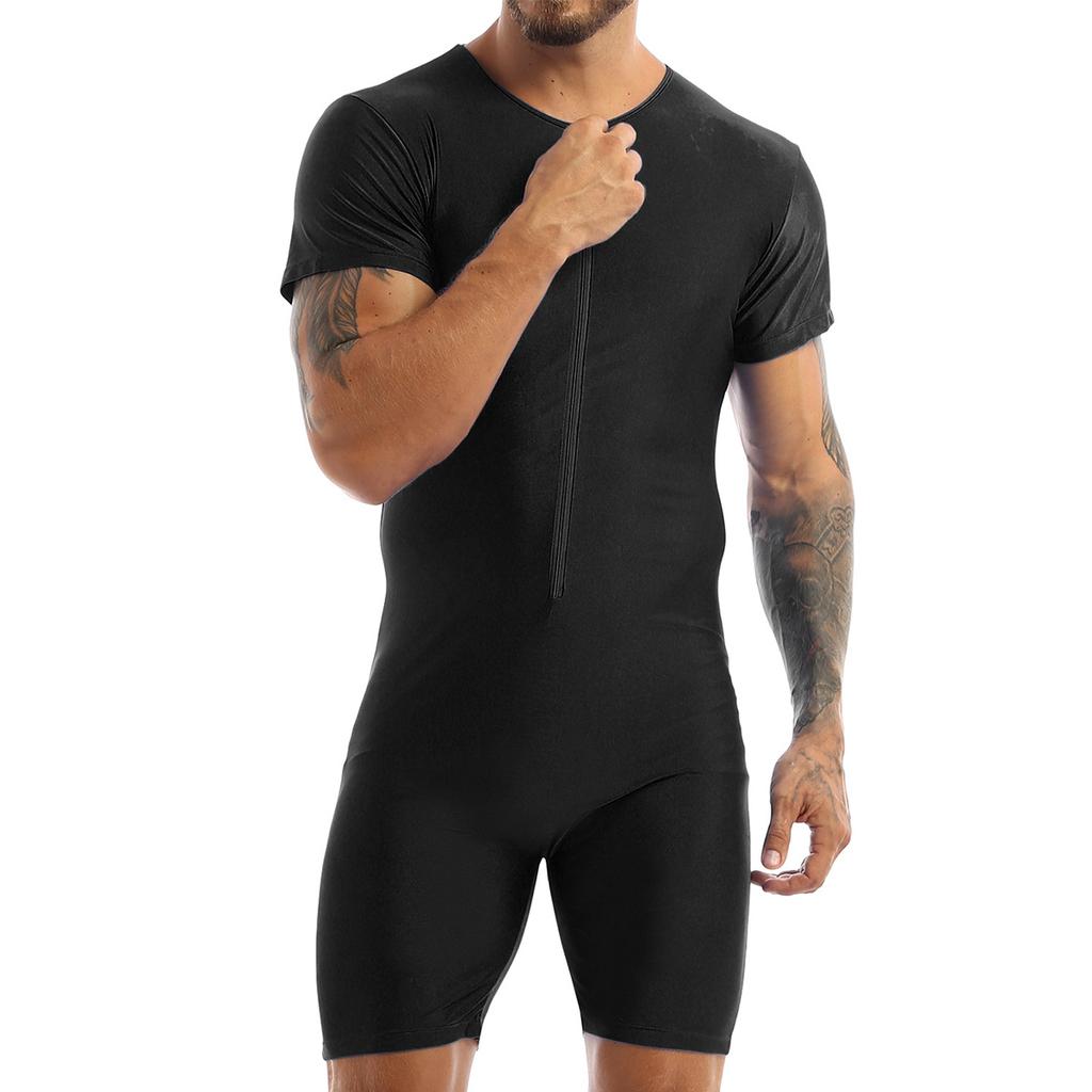 Men's One Piece Short Sleeve Front Zipper Leotard Bodysuit Wrestling Singlet Jumpsuit Romper