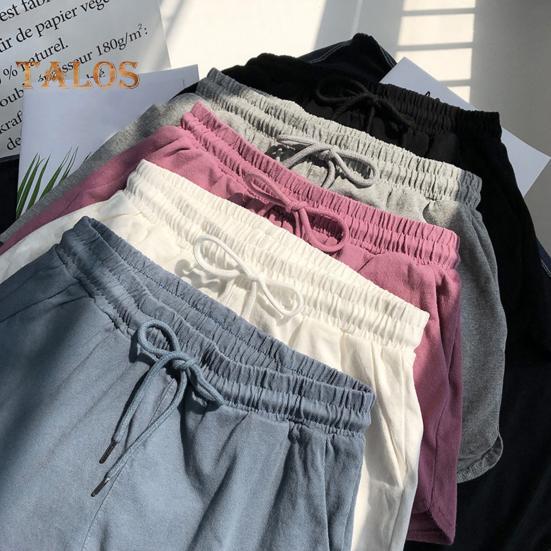 Women Casual Shorts Elastic Waistband Adjustable Drawstring Sport Shorts Solid Color Wide Leg Home Shorts