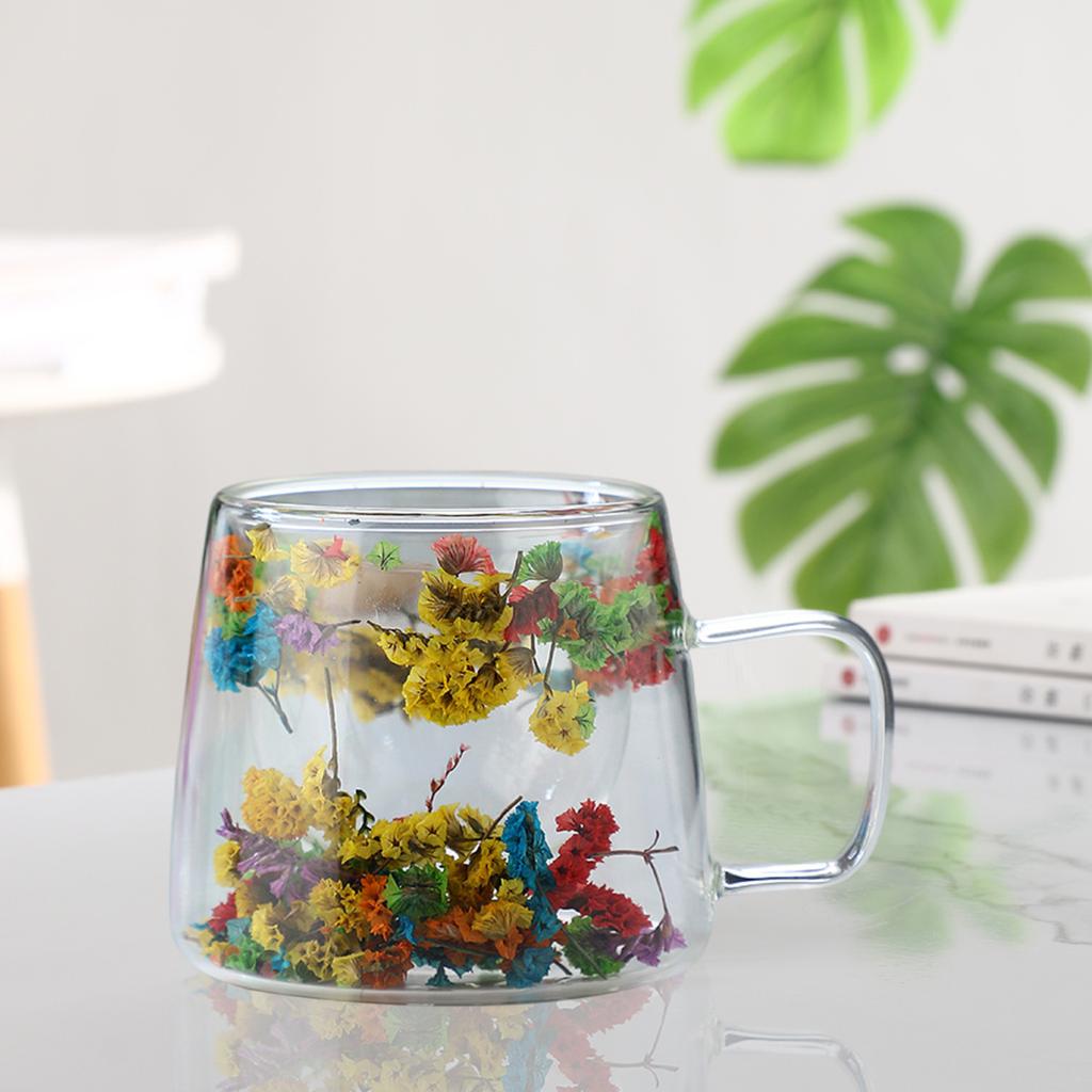 200ML Double Walled Glass Cups with Real Dried Flowers Heat Resistant Clear Coffee Mugs Floral Design Tea Cups for Elegant Sipping