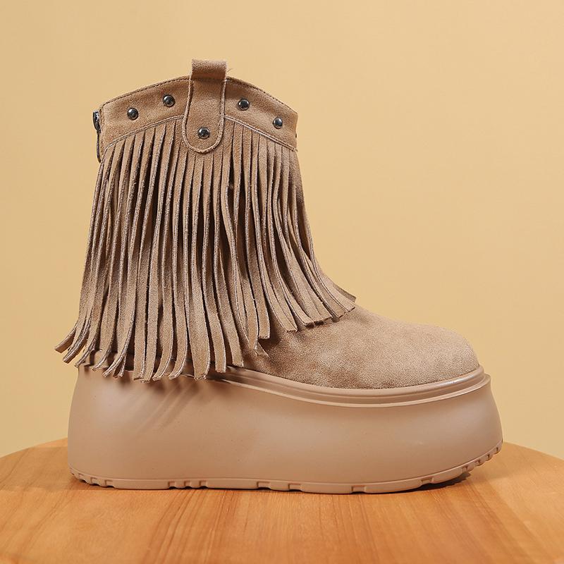 Fashion Women Tassels High Heels 8CM Thick Platform Short Boots Chunky Leather Shoes Woman Autumn Winter Platform Motorcycle Boots Botas