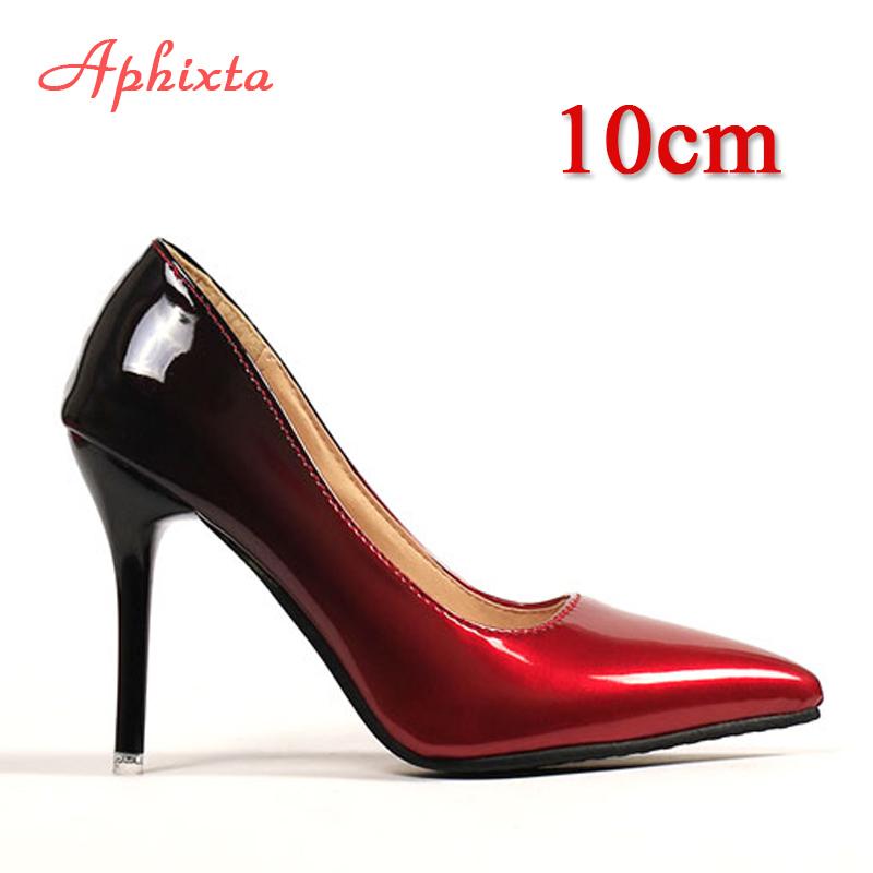 Fashion Aphixta Pointed Toe Women Thin Heel Shoes 10cm Heels Pointed Toe Patent Leather Wedding Party Shoes Woman Big Size 48