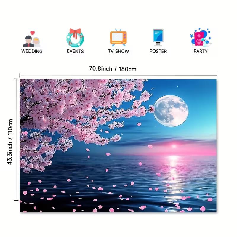 2D Floral Moon Ocean Backdrop, Cherry Blossom Sunset Wall Decor Banner