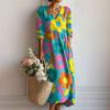 Abito Midi da Donna con Scollo a V, Stampa Floreale Grande, Manica Lunga, Vestibilità Larga, Stile Boemo, Casual, Vestito Estivo da Spiaggia con Tasche