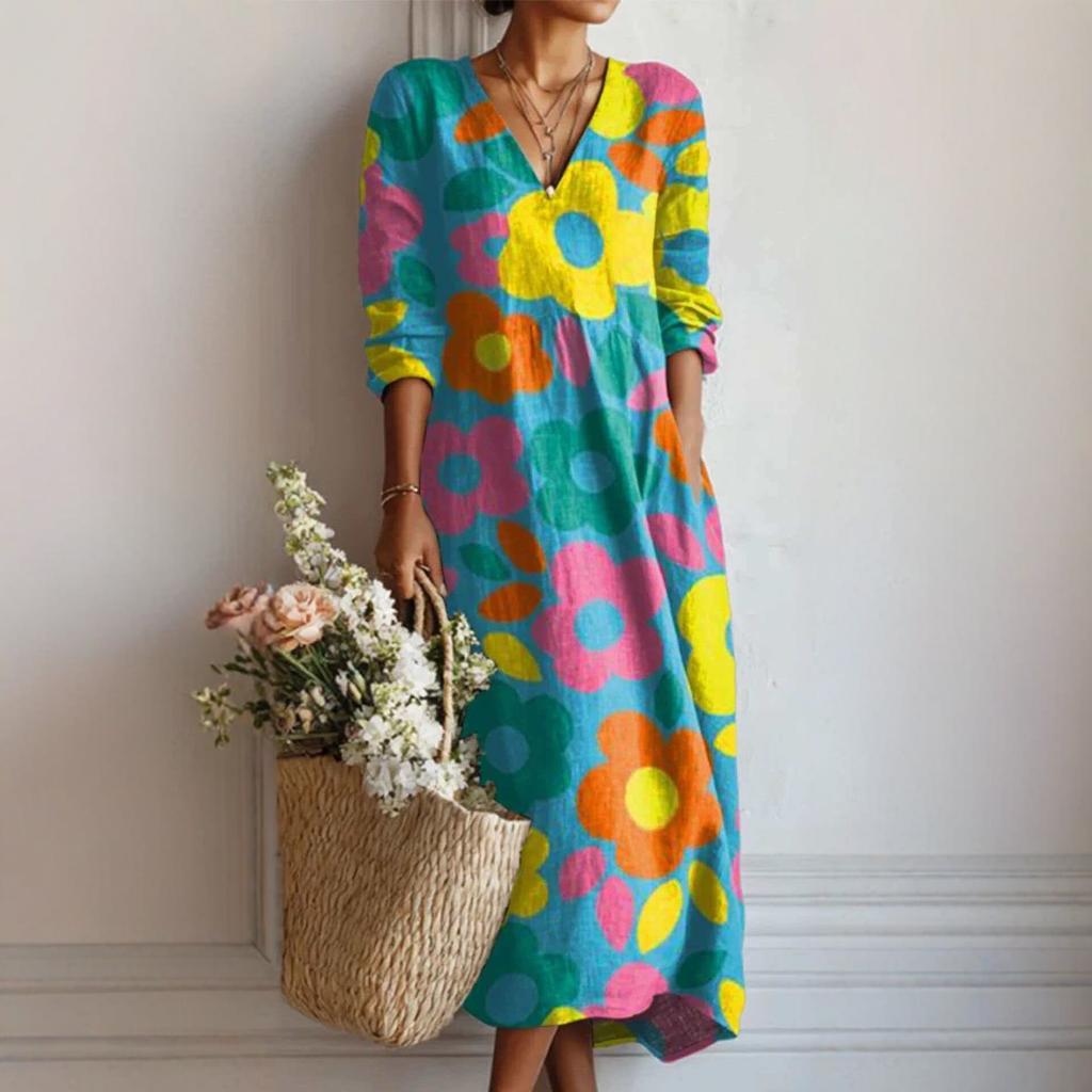 Abito Midi da Donna con Scollo a V, Stampa Floreale Grande, Manica Lunga, Vestibilità Larga, Stile Boemo, Casual, Vestito Estivo da Spiaggia con Tasche