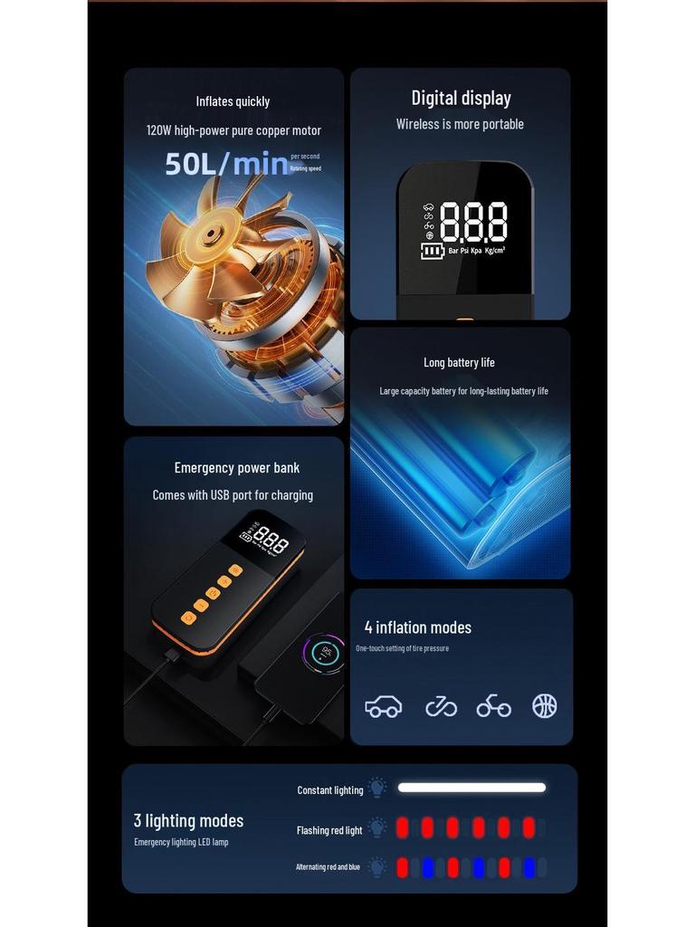 Smart Wireless Portable Car Tire Pump with Digital Display and Light