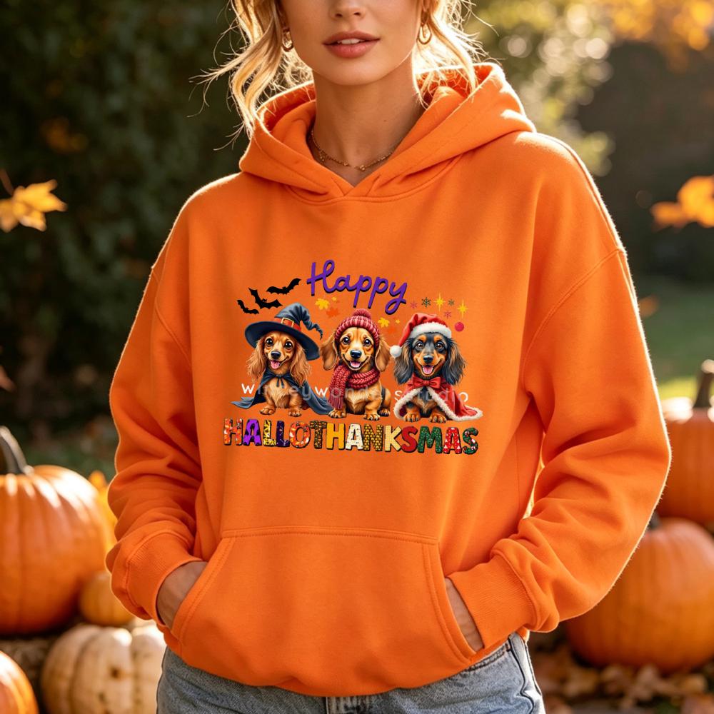 Happy Hallothanksmas Dachshund Dog Hoodies Women Autumn Winter Halloween Christmas Graphic Pocket Hooded Sweatshirt Unisex