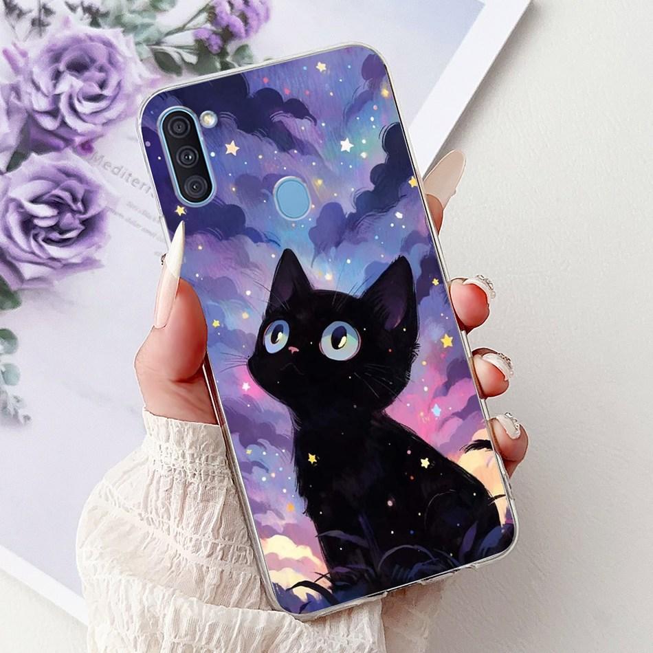 For Samsung Galaxy A11 M11 Phone Case Samsung A11 M11 A115F M115F Elegant Floral Cat Painted Soft Silicone Transparent TPU Cases