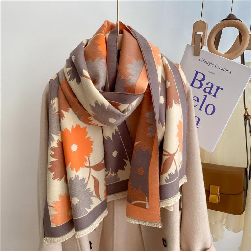 New literary and artistic thickened imitation cashmere winter scarf men's and women's double-sided sunflower shawl personalized scarf shmre
