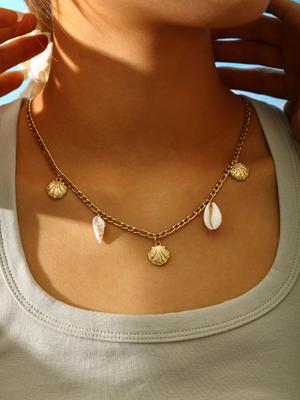 Letní plážová série Módní Elegantní Vintage Přívěsky Nerezová ocel Pokovená 18K zlatem Diamanty Mušle Přívěsek Náhrdelník Pro Ženy