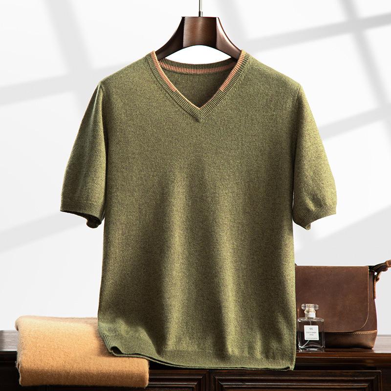 Men's V-neck Cashmere Sweater: Autumn/Winter Short Sleeve, Loose-Fit Knitwear, Color Block Half Sleeve, Casual and Trendy.