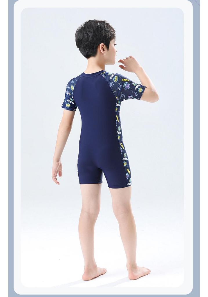 Kids' 2025 Quick-Dry Conservative One-Piece Swimsuit - Boys' Korean Style, Short-Sleeve, Sun Protection, Sporty Design
