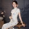 White Modern Chinese Style Long Cheongsam Dress 2026 Womens Vintage Short Sleeve Elegant Wear
