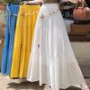 Summer Cotton-Linen Midi Skirt: Flowy A-Line Pleated Long Skirt with Slimming Fit & Hip-Hiding Design for Resort Vacations